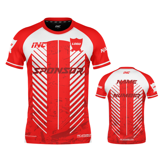Front and back view of the Diabolus Lumen Red and White Football Shirt from INC-KITS, made to order for schools, clubs, and grassroots football teams