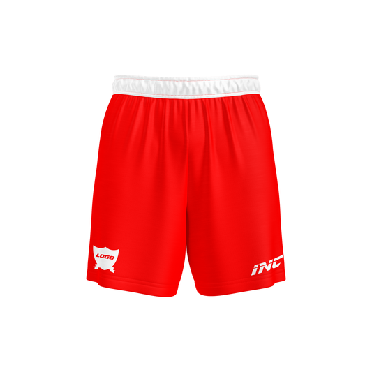 Front and side view of the Diabolus Lumen Red and White Football Shorts from INC-KITS, made to order for schools, clubs, and grassroots teams