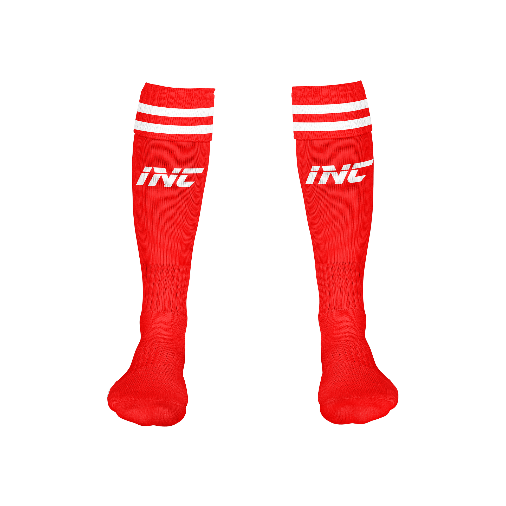 Front view of the Diabolus Lumen Red and White Football Socks from INC-KITS, made to order for schools, clubs, and grassroots football teams
