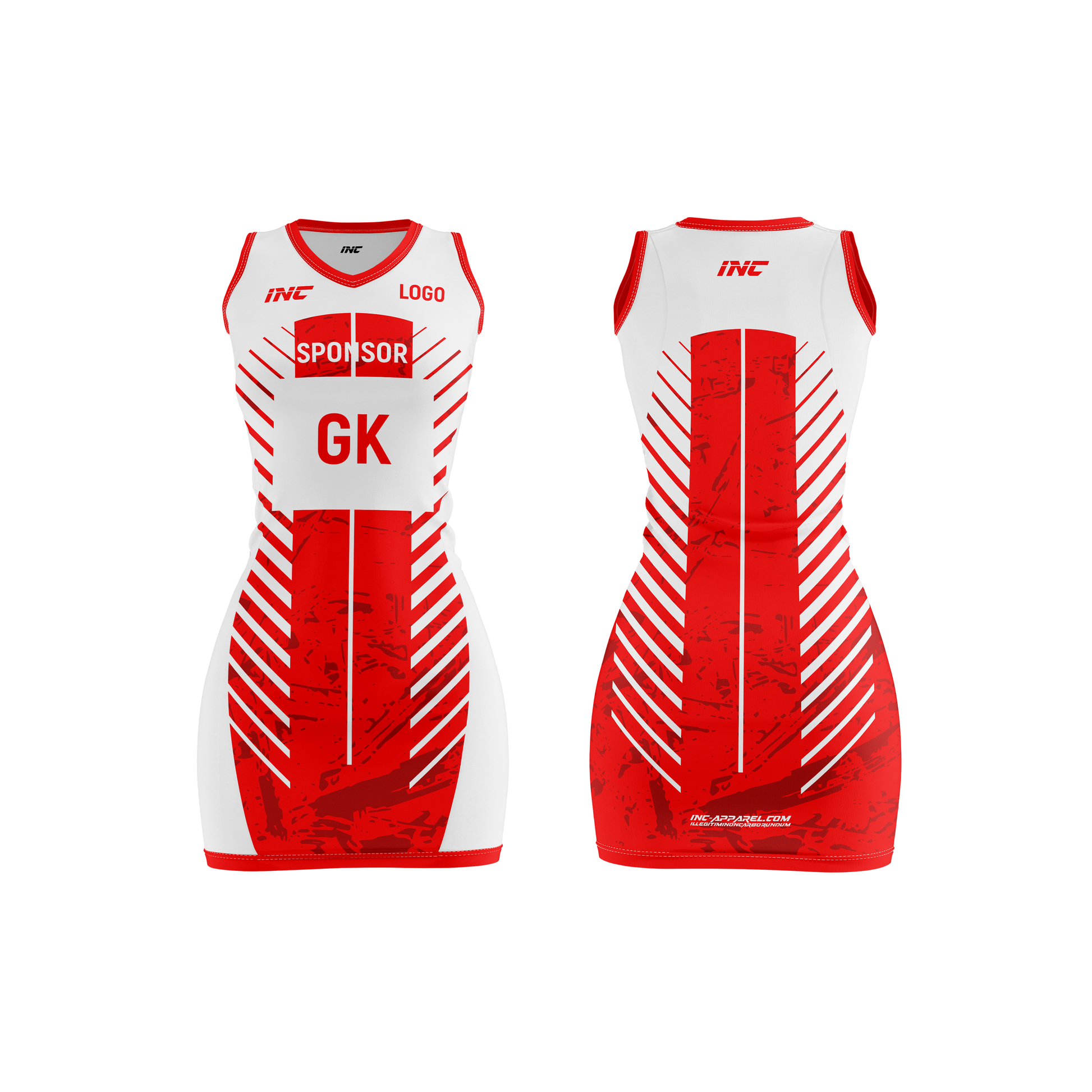 Front and back view of the Diabolus Lumen White and Red Netball Kit from INC-KITS, made to order for schools, clubs, and grassroots teams