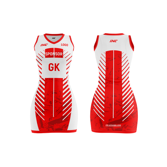 Front and back view of the Diabolus Lumen White and Red Netball Kit from INC-KITS, made to order for schools, clubs, and grassroots teams