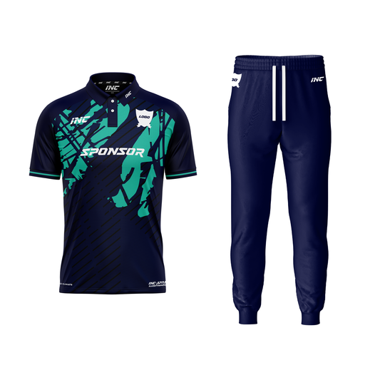 Dominus Ludi Blue and Turquoise Cricket Kit – custom cricket shirt and trousers from INC-KITS