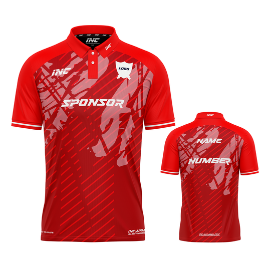 Dominus Ludi Red and White Cricket Shirt – breathable, custom cricket teamwear from INC-KITS