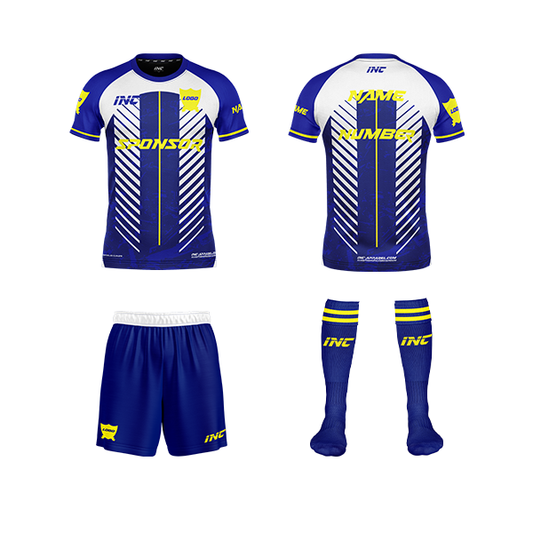 Front and back view of the Glacialis Lumen Blue and White Football Kit including shirt, shorts, and socks from INC-KITS, made to order for schools, clubs, and grassroots teams