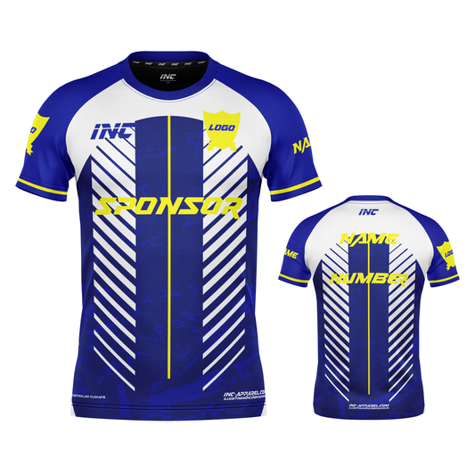 Front and back view of the Glacialis Lumen Blue and White Football Shirt from INC-KITS, made to order for schools, clubs, and grassroots football teams