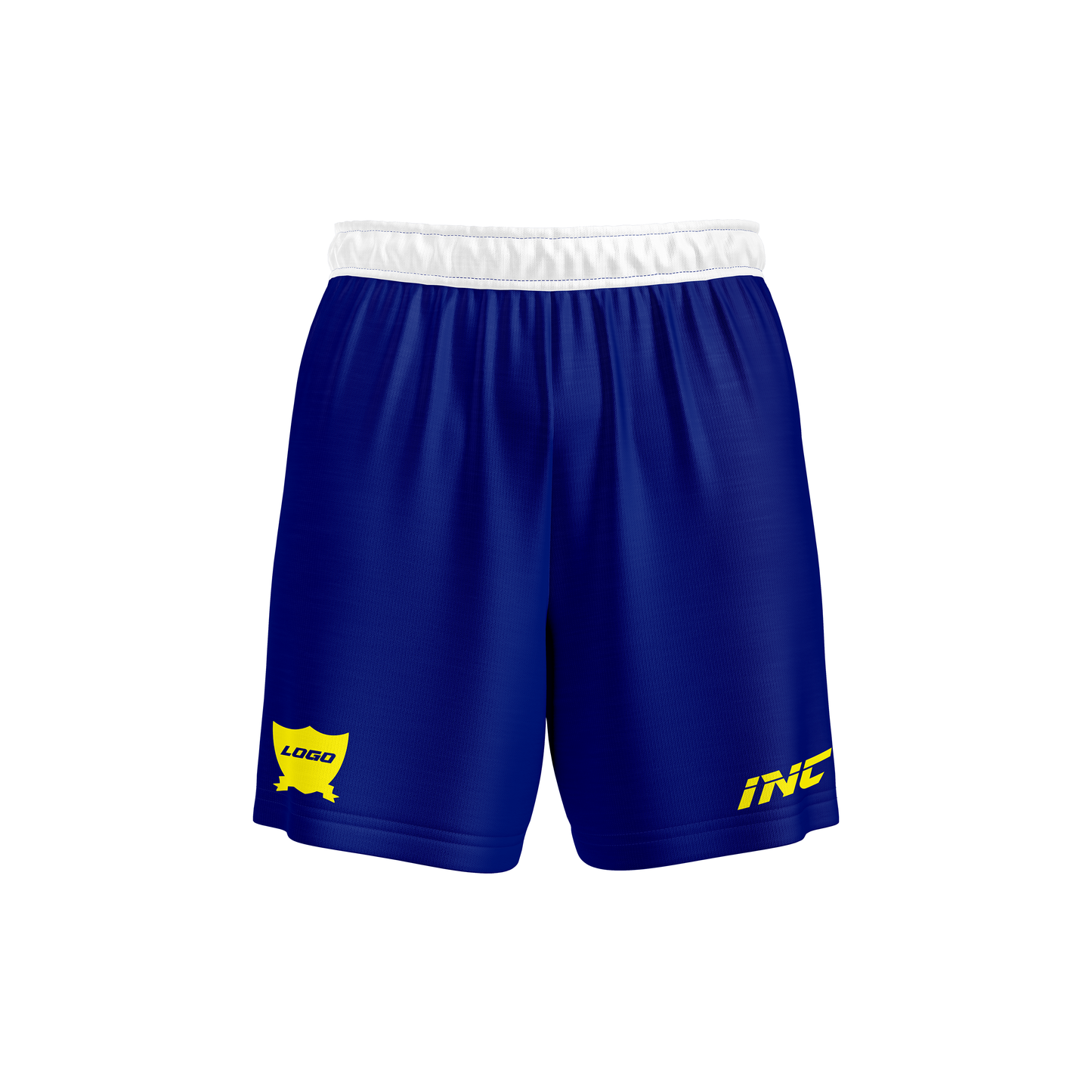 Front and side view of the Glacialis Lumen Blue and White Football Shorts from INC-KITS, made to order for schools, clubs, and grassroots teams