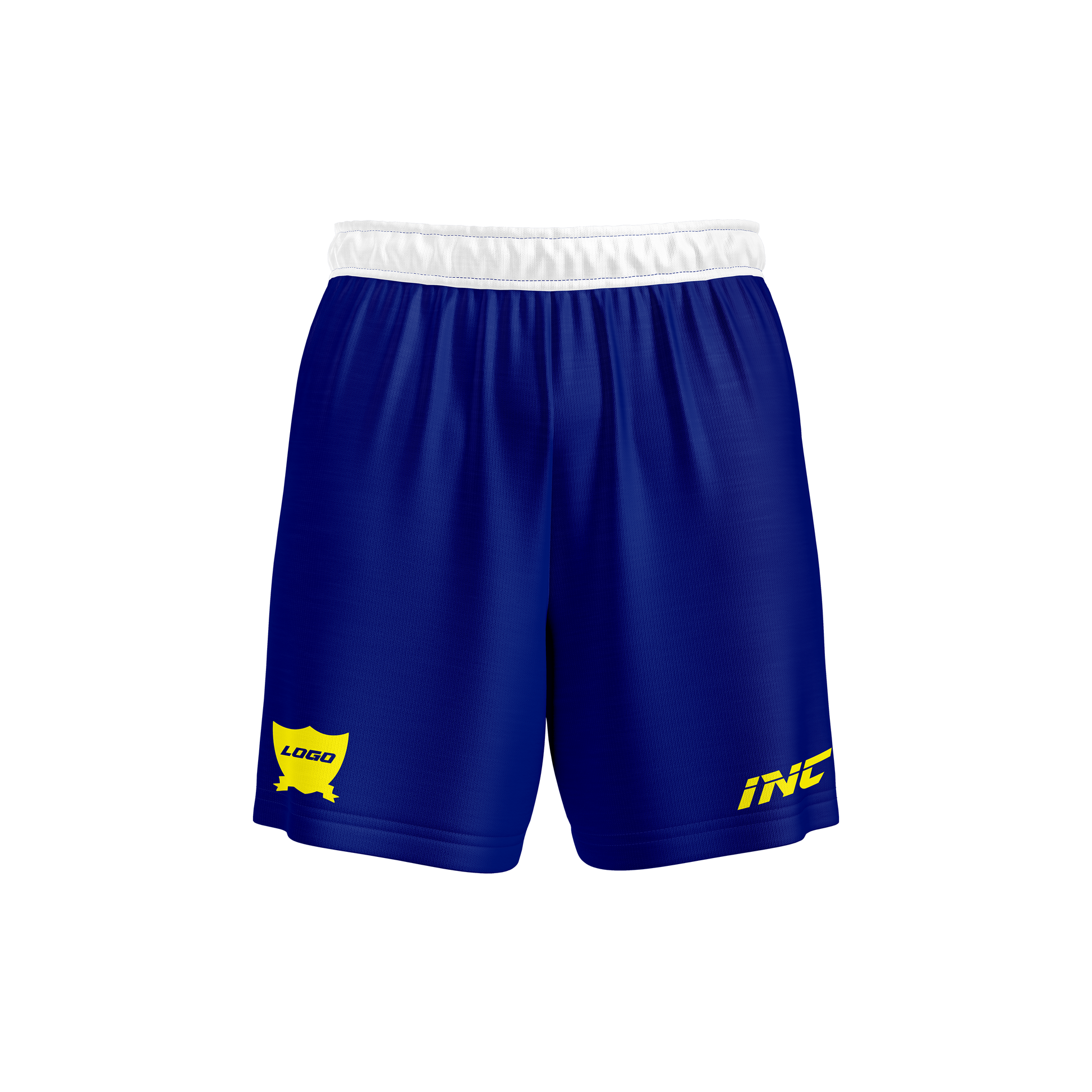 Front and side view of the Glacialis Lumen Blue and White Football Shorts from INC-KITS, made to order for schools, clubs, and grassroots teams