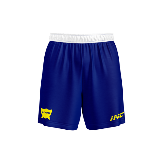 Front and side view of the Glacialis Lumen Blue and White Football Shorts from INC-KITS, made to order for schools, clubs, and grassroots teams