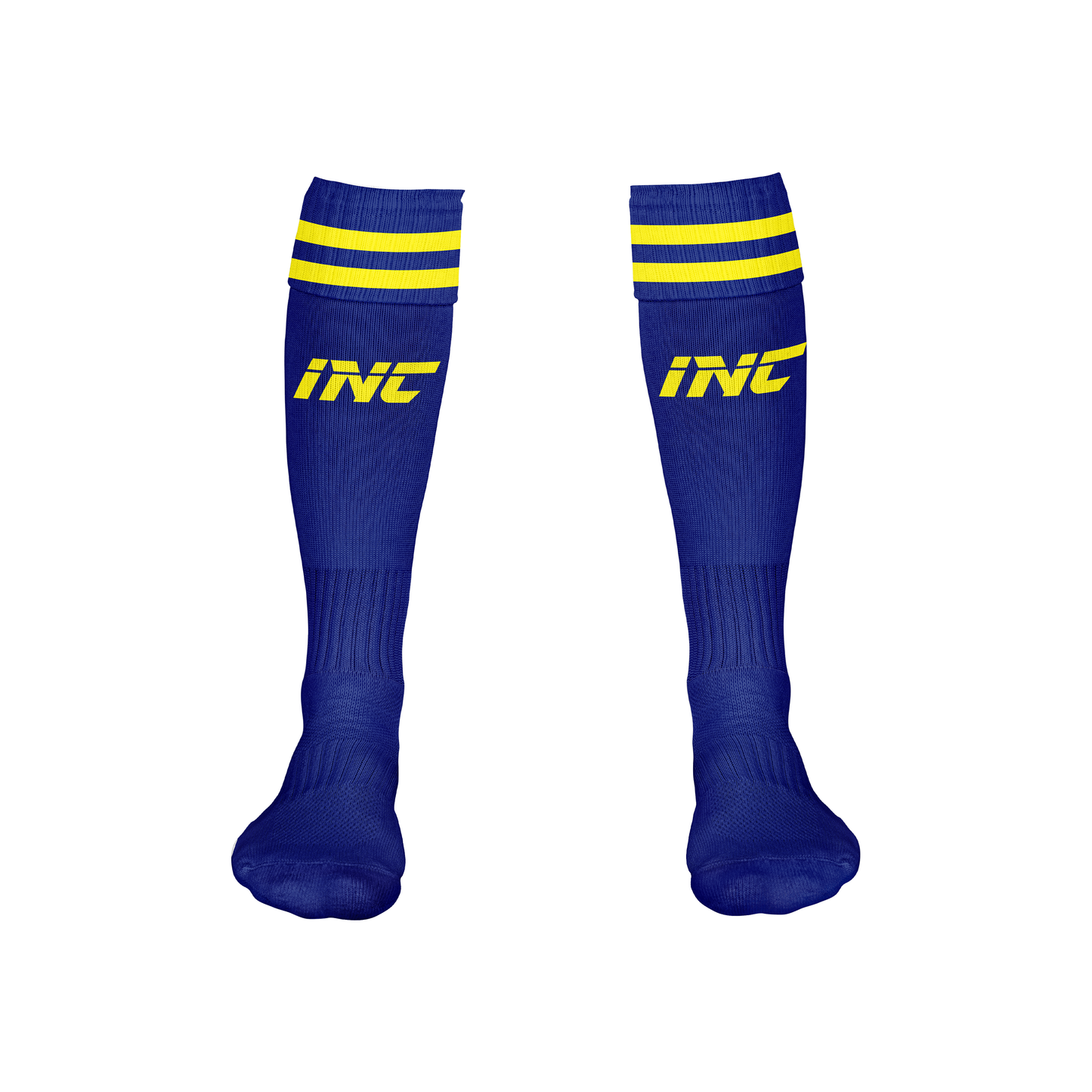 Front view of the Glacialis Lumen Blue and Yellow Football Socks from INC-KITS, made to order for schools, clubs, and grassroots football teams