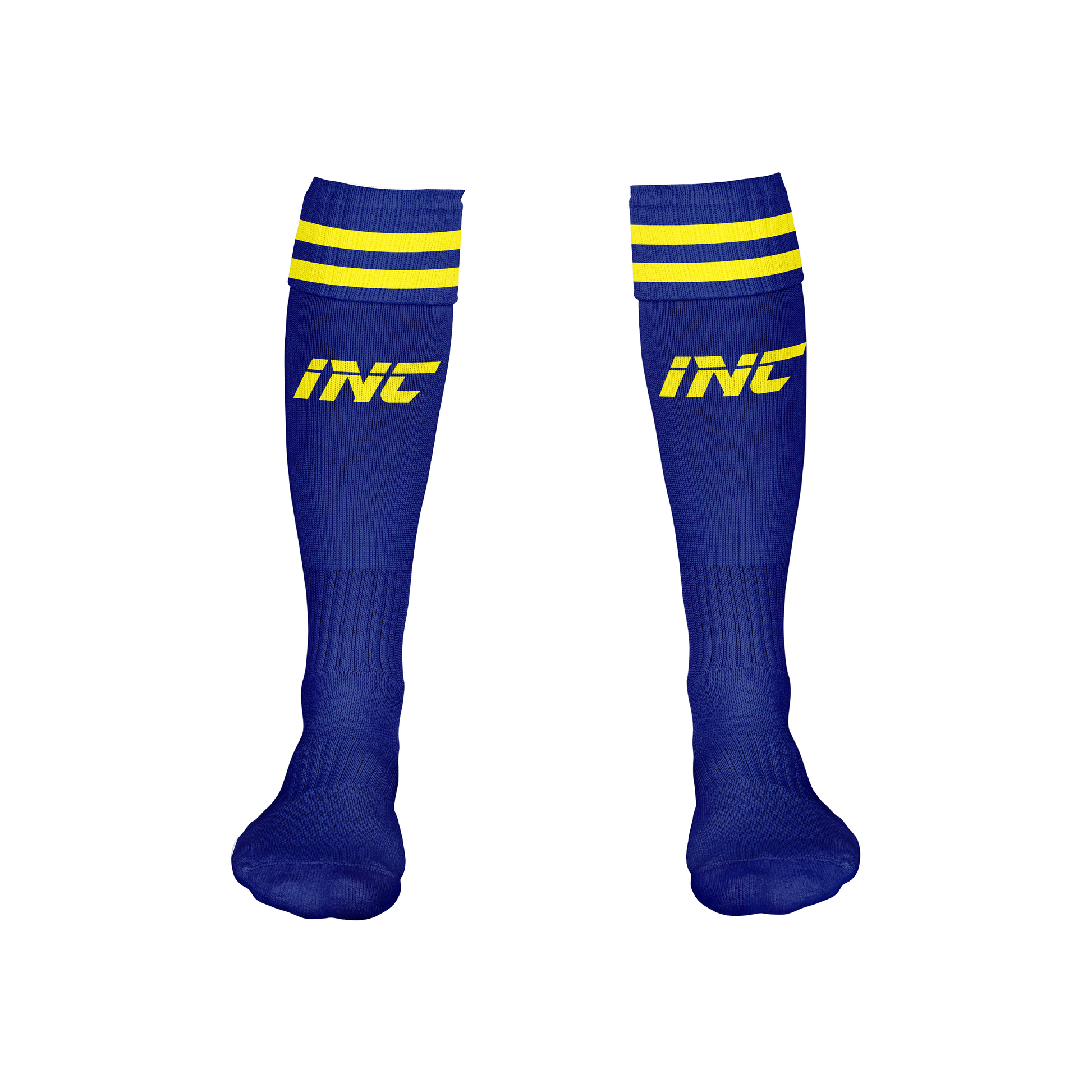 Front view of the Glacialis Lumen Blue and Yellow Football Socks from INC-KITS, made to order for schools, clubs, and grassroots football teams