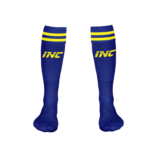 Front view of the Glacialis Lumen Blue and Yellow Football Socks from INC-KITS, made to order for schools, clubs, and grassroots football teams