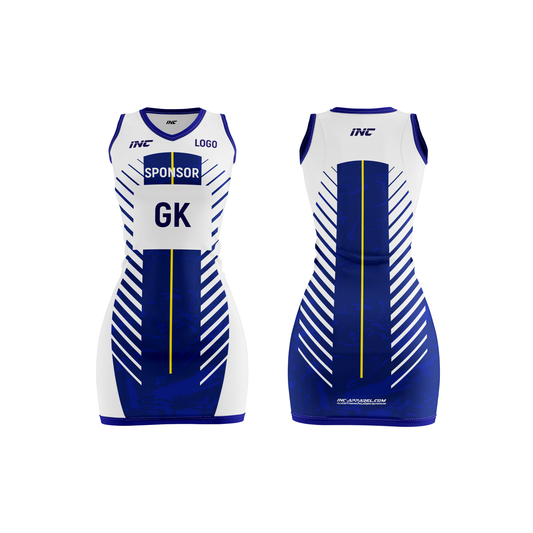 Front and back view of the Glacialis Lumen Netball Kit including custom dress, skirt, and top from INC-KITS