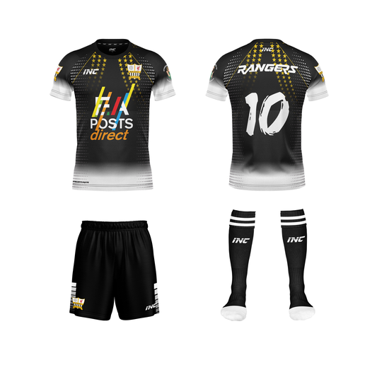 Front and back view of the Halewood Rangers Junior Football Club 2nd Team Kit including shirt, shorts, and socks from INC-KITS