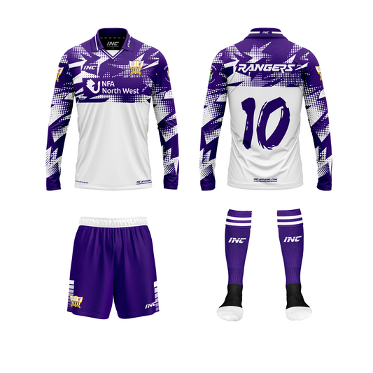 Front and back view of the Halewood Rangers Junior Football Club Away Kit including shirt, shorts, and socks from INC-KITS