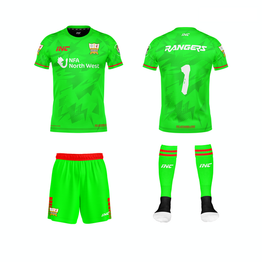 Front and back view of the Halewood Rangers Junior Football Club Neon Green Goalkeeper Kit including shirt, shorts, and socks from INC-KITS