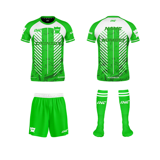 Front and back view of the Natura Lumen Green and White Football Kit including shirt, shorts, and socks from INC-KITS, made to order for schools, clubs, and grassroots teams