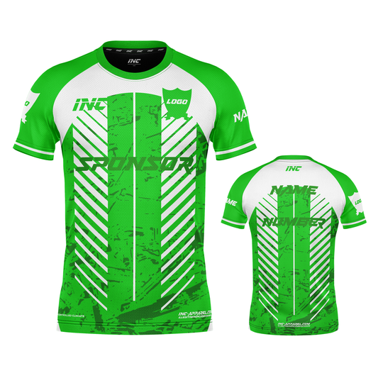 Front and back view of the Natura Lumen Green and White Football Shirt from INC-KITS, made to order for schools, clubs, and grassroots football teams