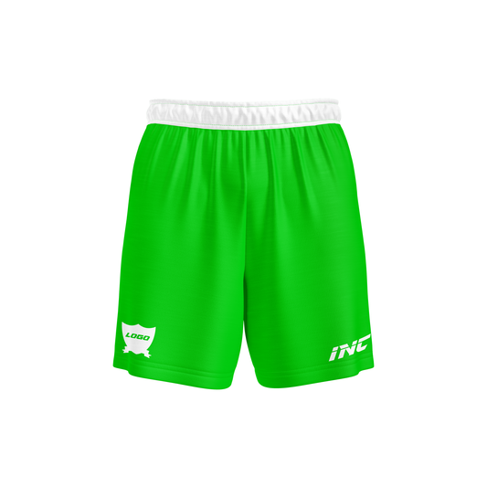 Front and side view of the Natura Lumen Green and White Football Shorts from INC-KITS, made to order for schools, clubs, and grassroots teams