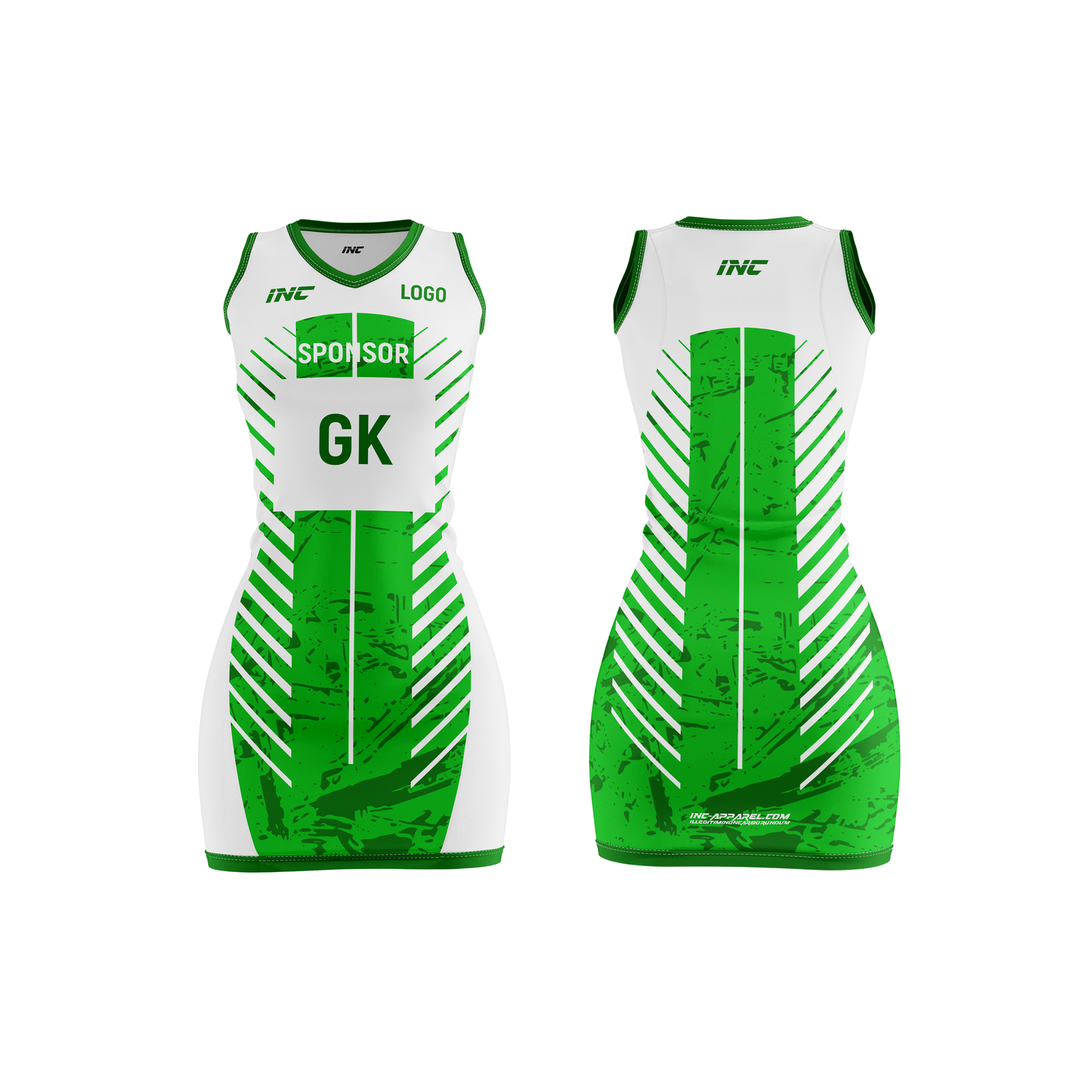 Front and back view of the Natura Lumen White and Green Netball Kit from INC-KITS, made to order for schools, clubs, and grassroots teams
