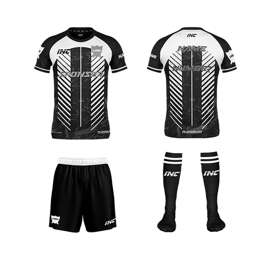 Front and back view of the Obscurum Lumen Black and White Football Kit including shirt, shorts, and socks from INC-KITS, made to order for schools, clubs, and grassroots teams