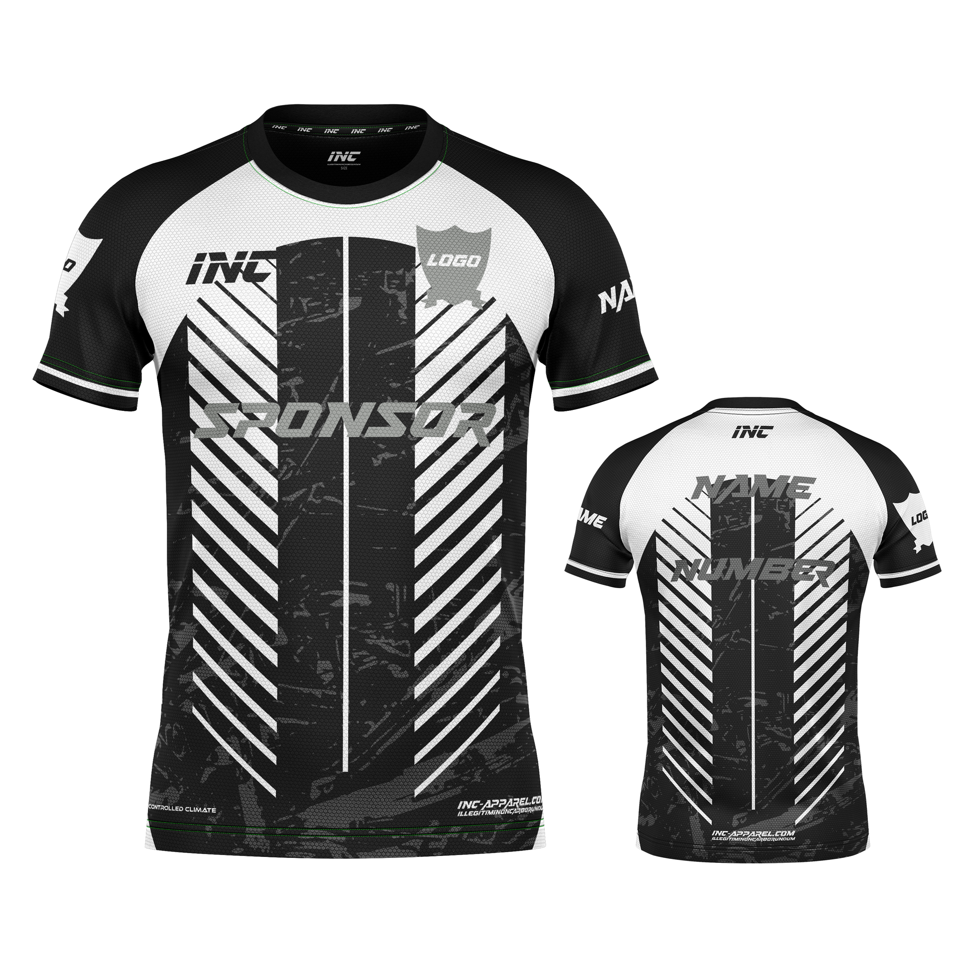 Front and back view of the Obscurum Lumen Black and White Football Shirt from INC-KITS, made to order for schools, clubs, and grassroots football teams