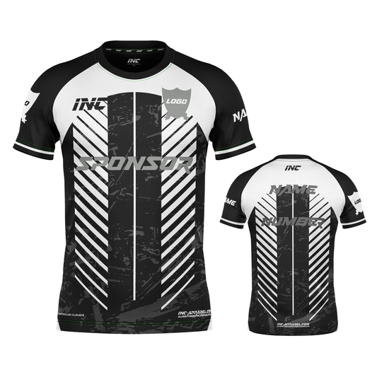 Front and back view of the Obscurum Lumen Black and White Football Shirt from INC-KITS, made to order for schools, clubs, and grassroots football teams