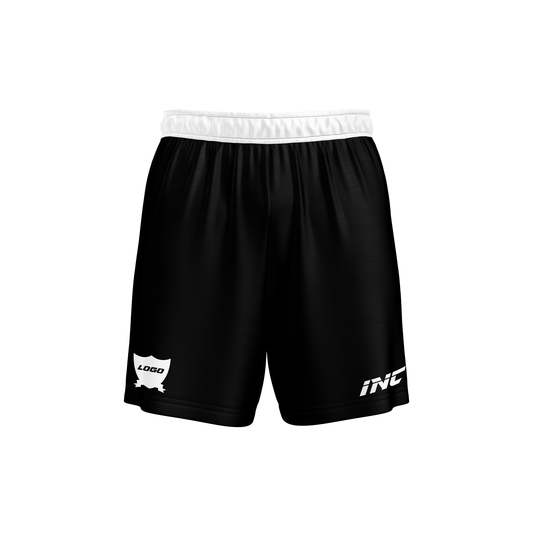Front and side view of the Obscurum Lumen Black and White Football Shorts from INC-KITS, made to order for schools, clubs, and grassroots teams