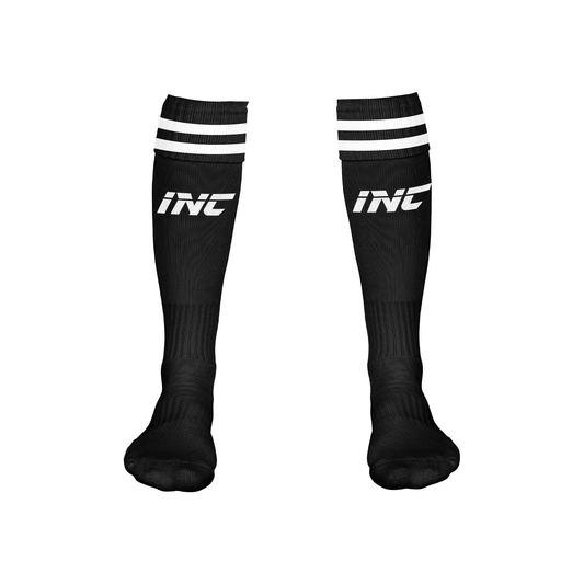 Front view of the Obscurum Lumen Black and White Football Socks from INC-KITS, made to order for schools, clubs, and grassroots football teams