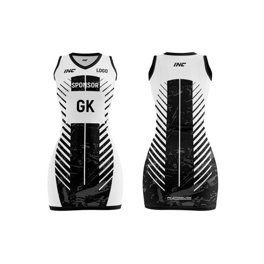 Front and back view of the Obscurum Lumen White and Black Netball Kit from INC-KITS, made to order for schools, clubs, and grassroots teams
