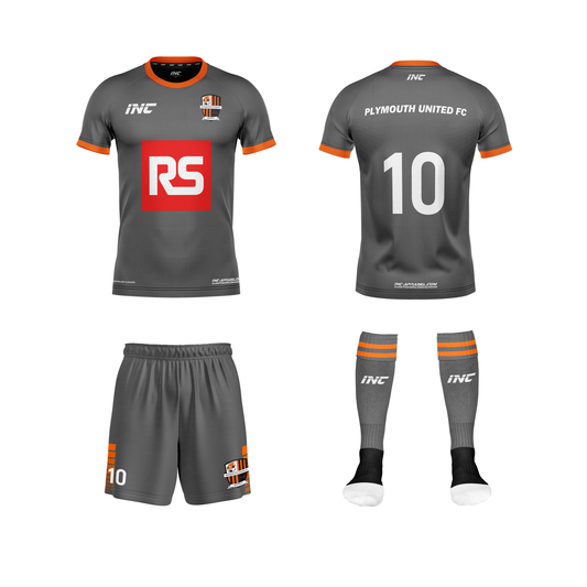 Front and back view of the Plymouth United Football Club Home Kit including shirt, shorts, and socks from INC-KITS