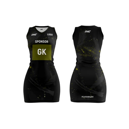 Front and back view of the Rogue Recognitio Black Camo Netball Kit including dress, skirt, and top from INC-KITS, made to order for schools, clubs, and grassroots netball teams