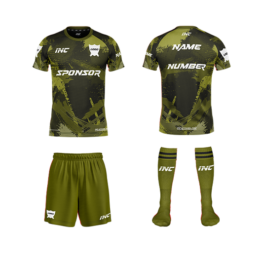 Front and back view of the Rogue Camouflatus Green Camo Football Kit including shirt, shorts, and socks from INC-KITS, made to order for schools, clubs, and grassroots football teams