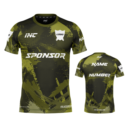 Front and back view of the Rogue Camouflatus Green Camo Football Shirt from INC-KITS, made to order for schools, clubs, and grassroots football teams