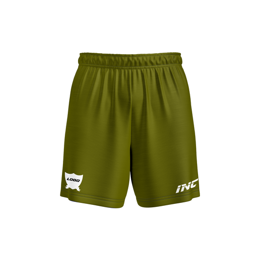 Front and side view of the Rogue Camouflatus Green Camo Football Shorts from INC-KITS, made to order for schools, clubs, and grassroots football teams