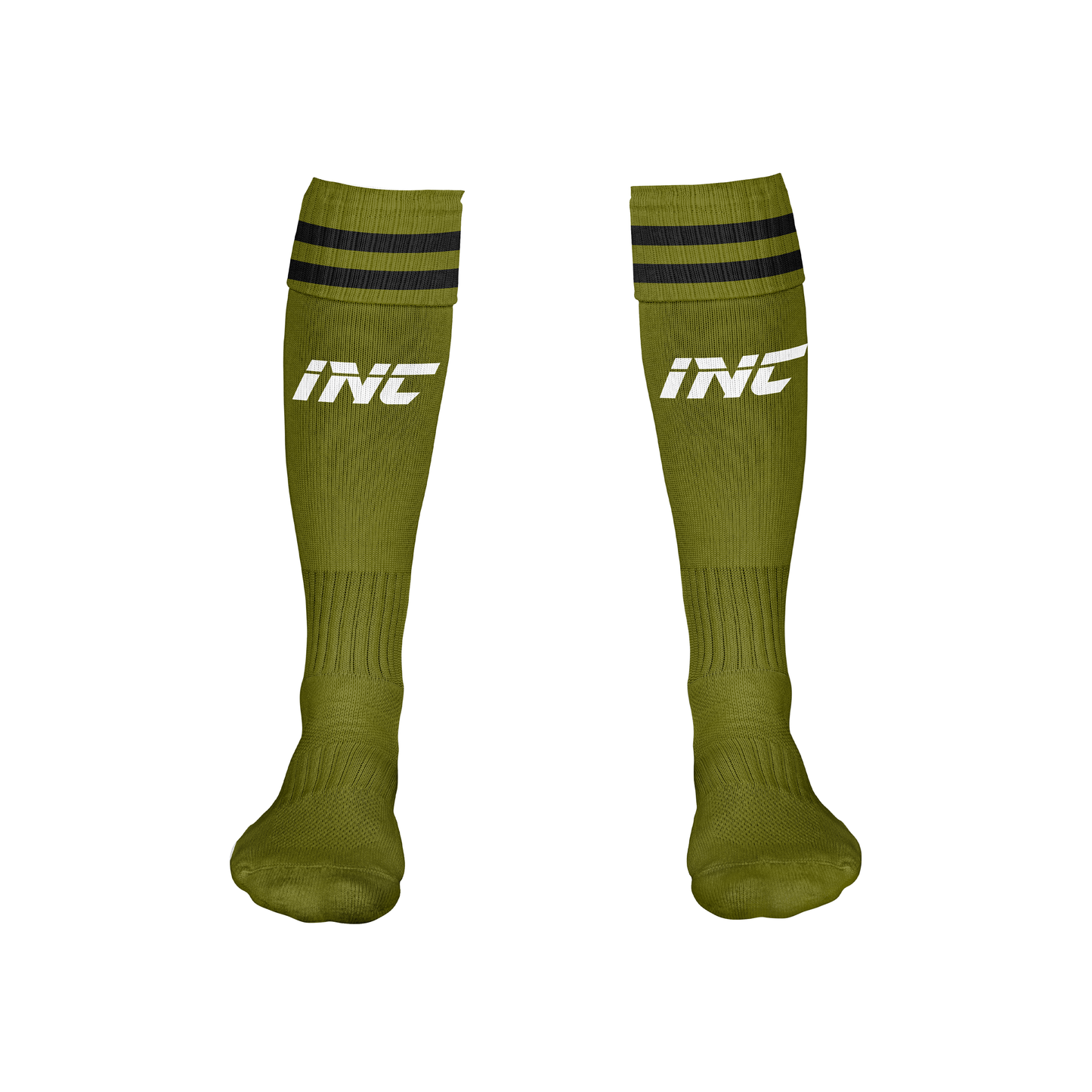 Front view of the Rogue Camouflatus Green Camo Football Socks from INC-KITS, made to order for schools, clubs, and grassroots football teams