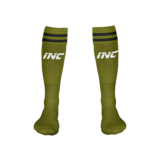 Front view of the Rogue Camouflatus Green Camo Football Socks from INC-KITS, made to order for schools, clubs, and grassroots football teams