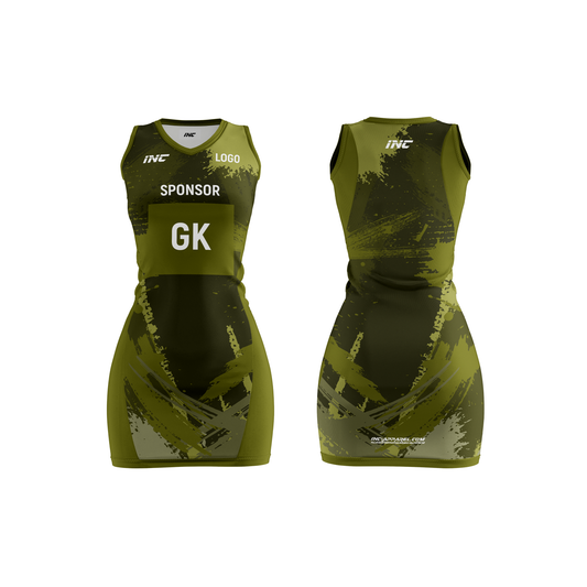 Front and back view of the Rogue Camouflatus Green Camo Netball Kit including dress, skirt, and top from INC-KITS, made to order for schools, clubs, and grassroots netball teams
