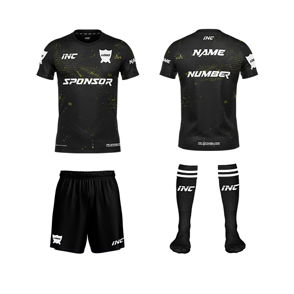 Front and back view of the Rogue Recognitio Black Camo Football Kit including shirt, shorts, and socks from INC-KITS, made to order for schools, clubs, and grassroots football teams