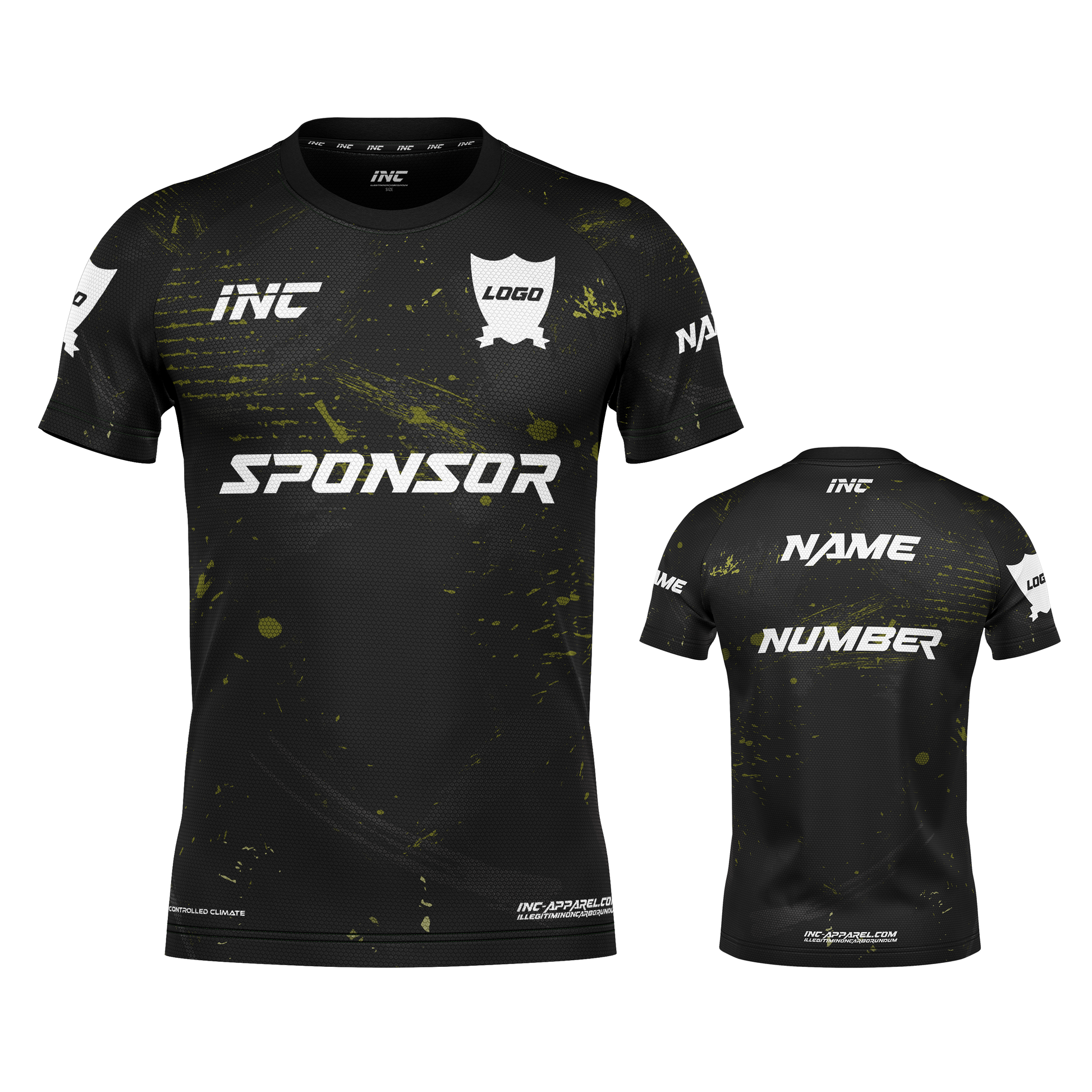 Front and back view of the Rogue Recognitio Black Camo Football Shirt from INC-KITS, made to order for schools, clubs, and grassroots football teams