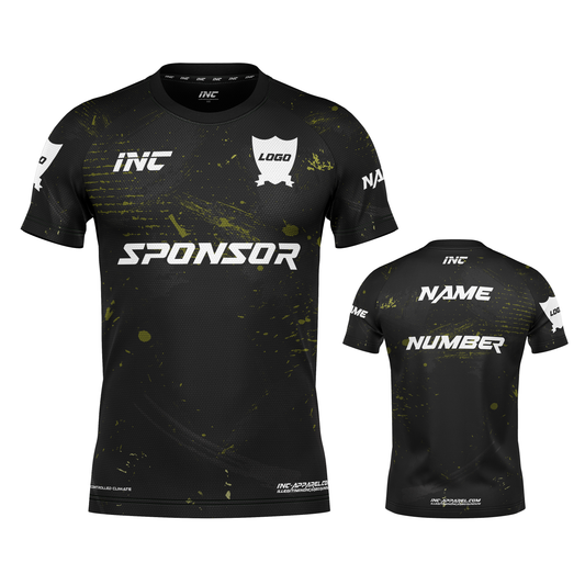 Front and back view of the Rogue Recognitio Black Camo Football Shirt from INC-KITS, made to order for schools, clubs, and grassroots football teams