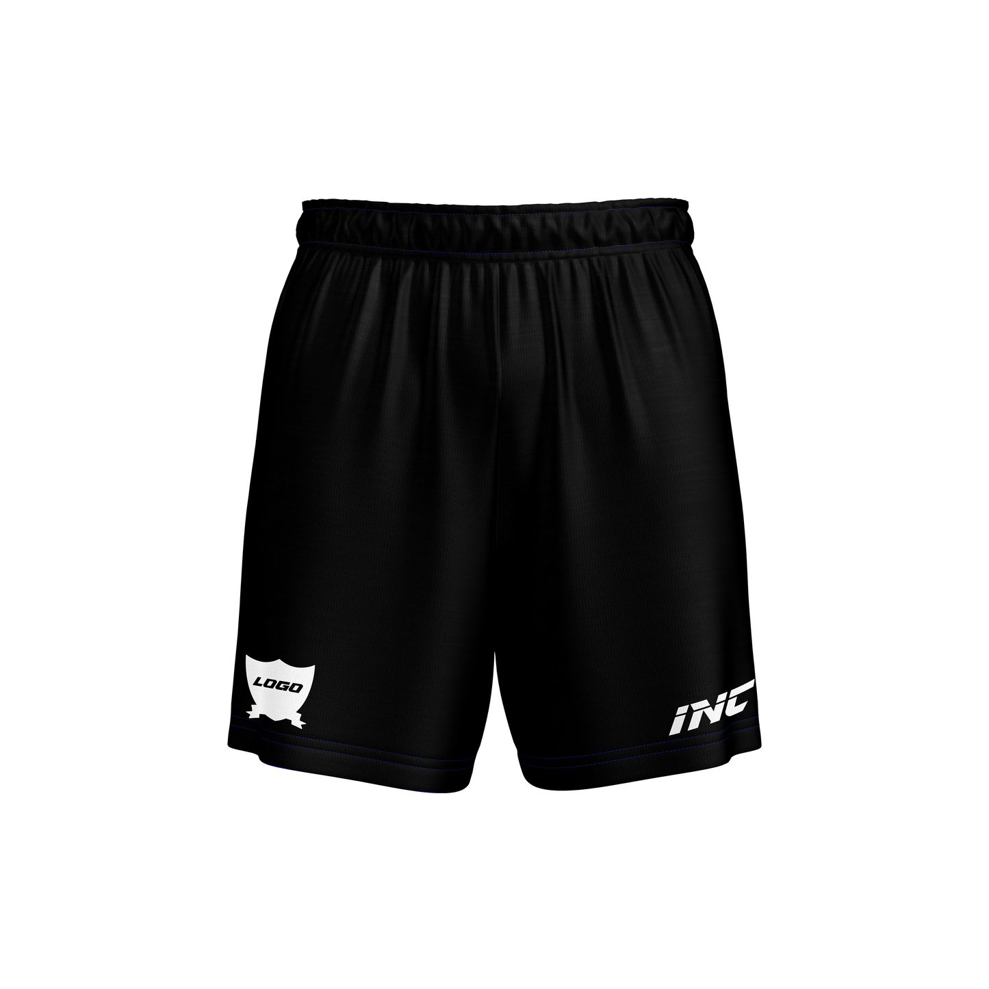 Front and side view of the Rogue Recognition Black Football Shorts from INC-KITS, made to order for schools, clubs, and grassroots football teams