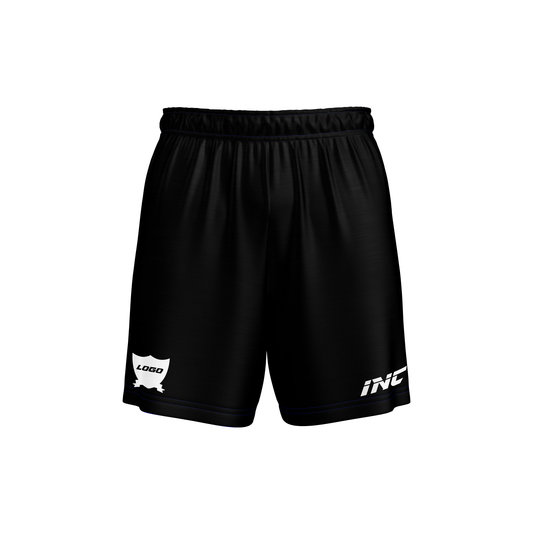 Front and side view of the Rogue Recognition Black Football Shorts from INC-KITS, made to order for schools, clubs, and grassroots football teams