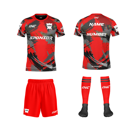 Front and back view of the Rogue Sanguis Red Camo Football Kit including shirt, shorts, and socks from INC-KITS, made to order for schools, clubs, and grassroots football teams