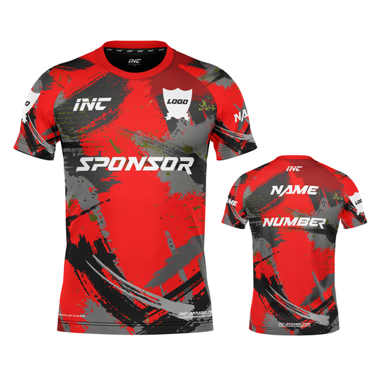Front and back view of the Rogue Sanguis Red Camo Football Shirt from INC-KITS, made to order for schools, clubs, and grassroots football teams
