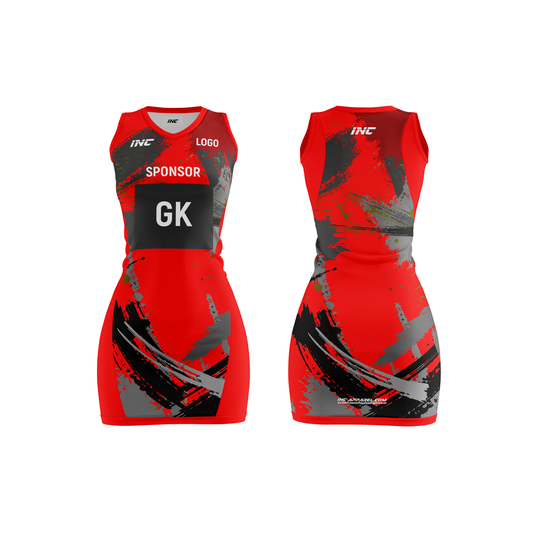 Front and back view of the Rogue Sanguis Red Camo Netball Kit including dress, skirt, and top from INC-KITS, made to order for schools, clubs, and grassroots netball teams