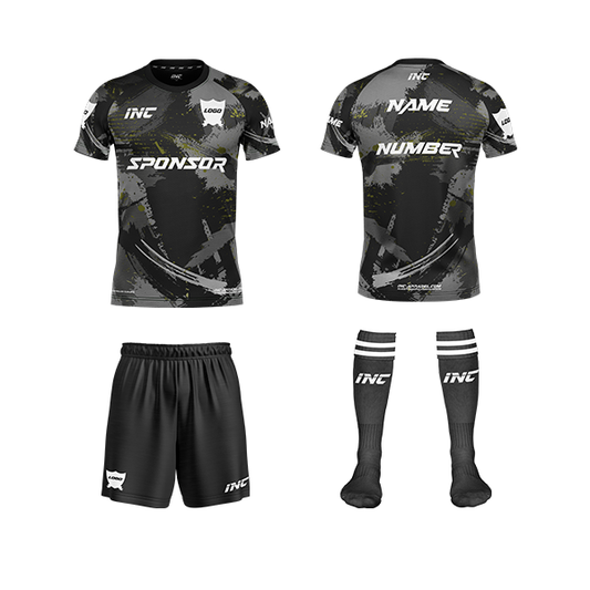 Front and back view of the Rogue Umbra Grey Camo Football Kit including shirt, shorts, and socks from INC-KITS, made to order for schools, clubs, and grassroots football teams