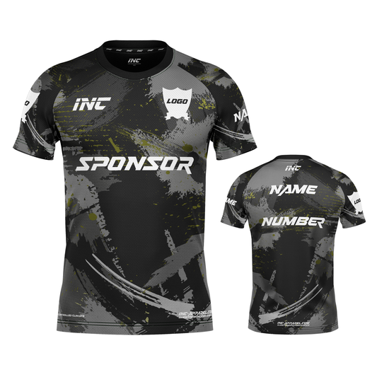 Front and back view of the Rogue Umbra Grey Camo Football Shirt from INC-KITS, made to order for schools, clubs, and grassroots football teams