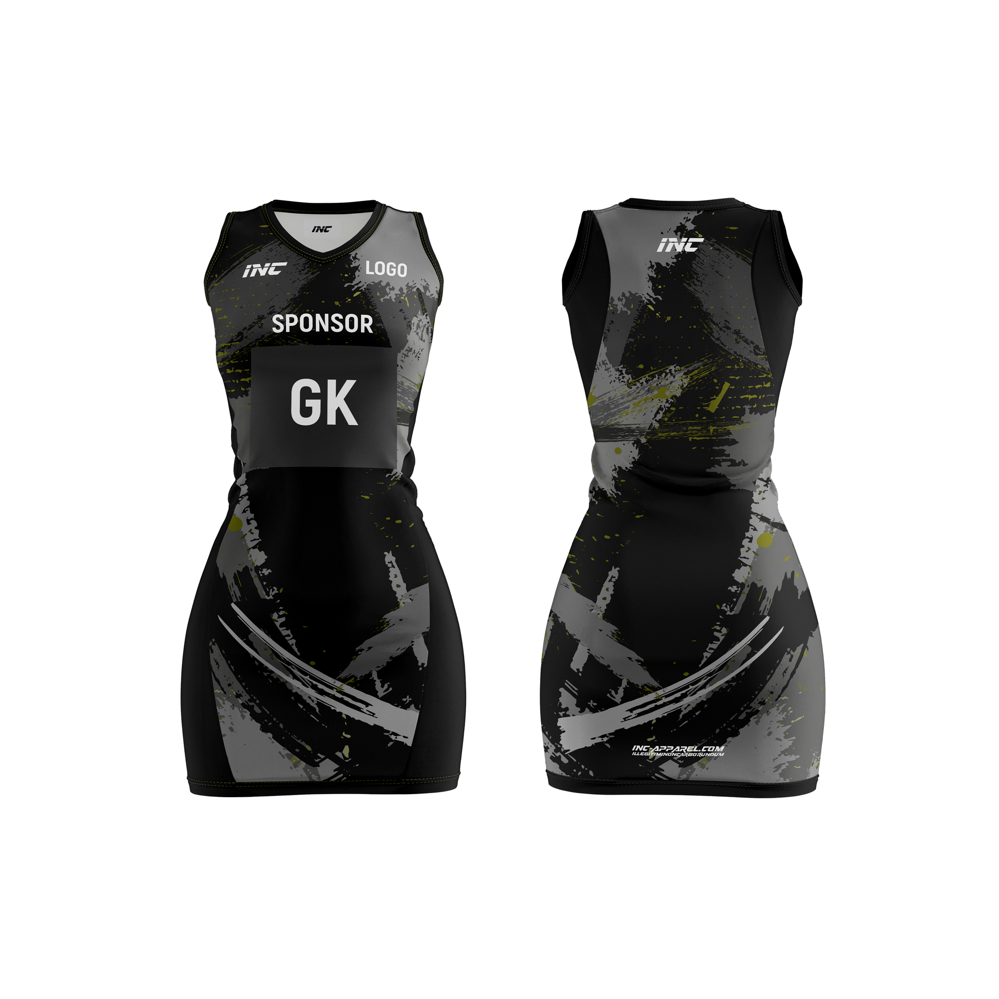 Front and back view of the Rogue Umbra Grey Camo Netball Kit including dress, skirt, and top from INC-KITS, made to order for schools, clubs, and grassroots netball teams